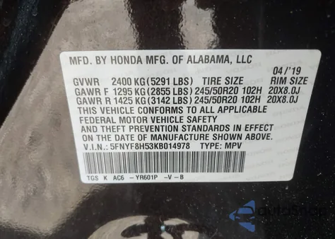 2019 Honda Passport Ex-L из США, поврежденный, VIN 5FNYF8H53KB014978